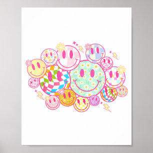 Retro Smile Face Flower Happy Face Checkered Patte Poster