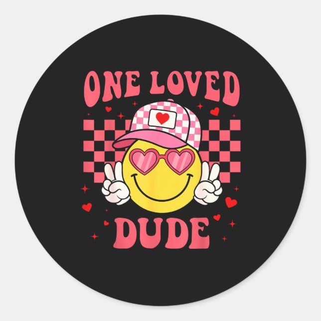 Retro Smile Face One Loved Dude Valentines Day Men Classic Round Sticker (Front)