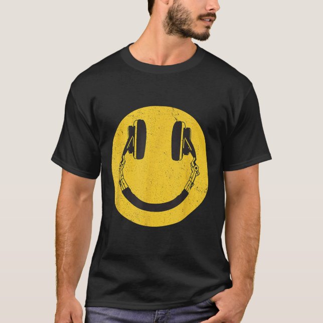 Retro Smile Music Face Headphones 90s Men Women Ki T-Shirt (Front)