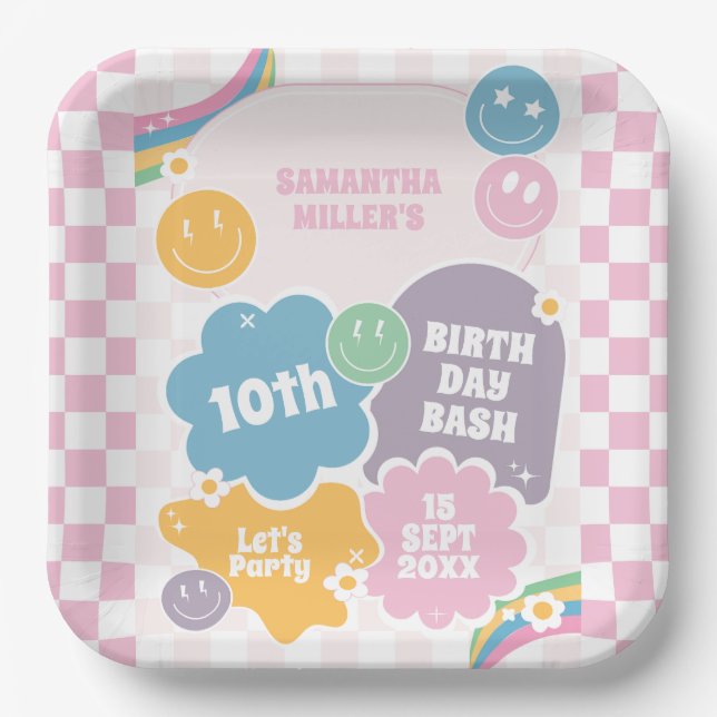 Retro Smiles Pastel Groovy Birthday  Paper Plate (Front)