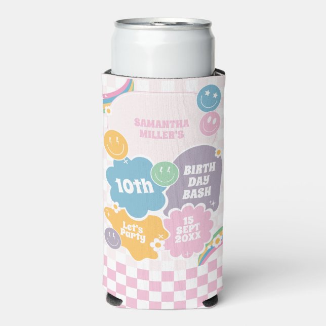 Retro Smiles Pastel Groovy Birthday  Seltzer Can Cooler (Seltzer Front)