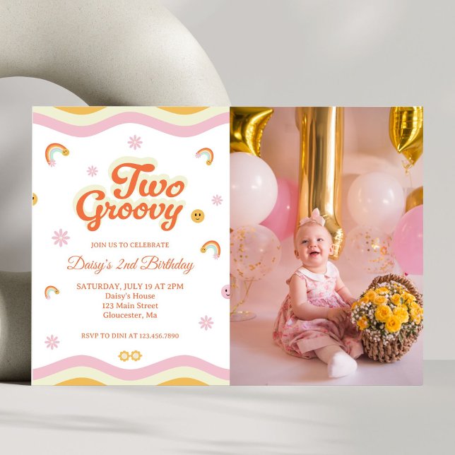 Retro Smiles Two Groovy 2nd Birthday Photo Invitation (Creator Uploaded)