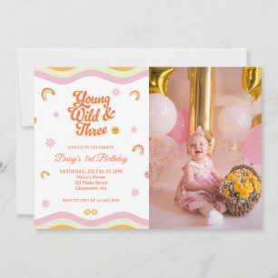 Retro Smiles Young Wild and Three Birthday Photo Invitation