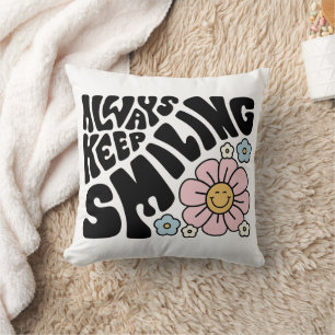 Retro Smiley Face Flower Positive Quote Cushion