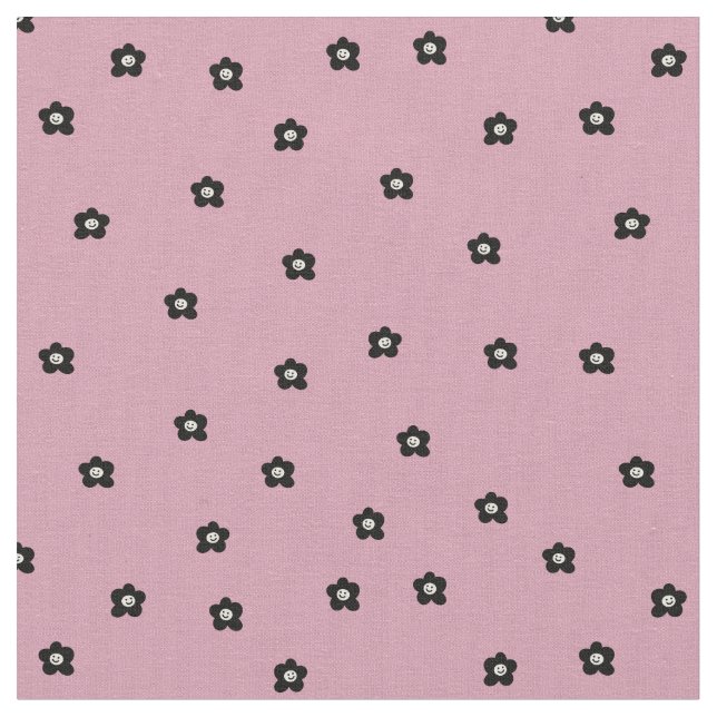 Retro Smiling Flower Pattern in black and Rosa Fabric (Close Up)