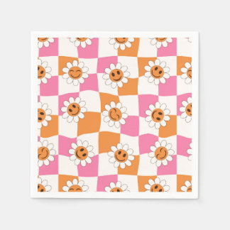 Retro Smiling flowers on warped checkerboards Napkin