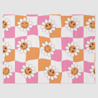 Retro Smiling flowers on warped checkerboards Tissue Paper