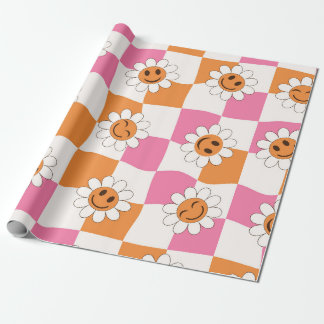 Retro Smiling flowers on warped checkerboards Wrapping Paper