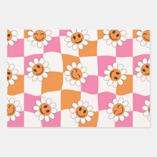 Retro Smiling flowers on warped checkerboards Wrapping Paper Sheet