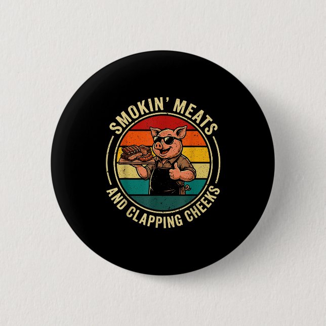 Retro smokin meats and clapping cheeks funny pig 6 cm round badge (Front)