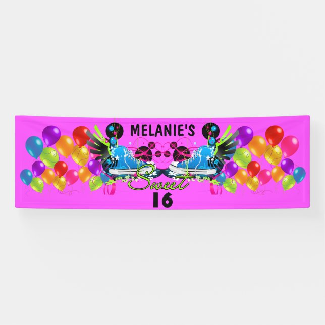 Retro Sneakers Swirls Balloons Sweet 16 Add Name Banner (Horizontal)