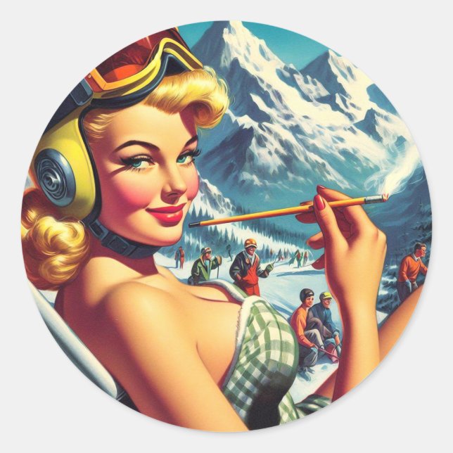 Retro Snowboard Girl Classic Round Sticker (Front)