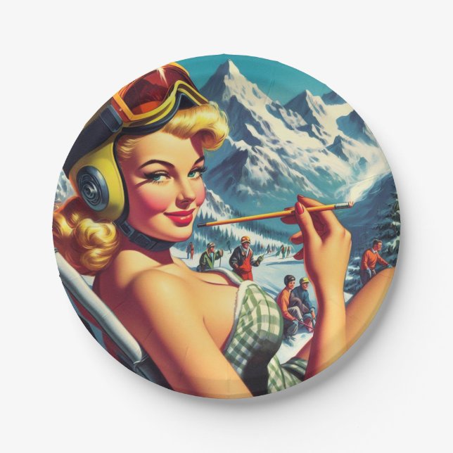 Retro Snowboard Girl Paper Plate (Front)
