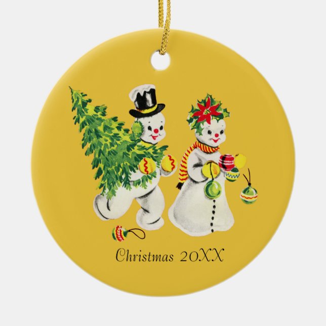 Retro Snowcouple Ceramic Tree Decoration (Front)