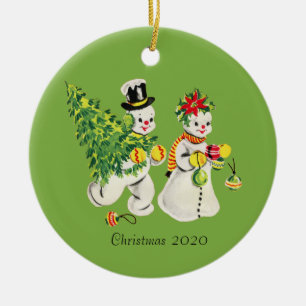 Retro Snowcouple on Green Background Ceramic Tree Decoration