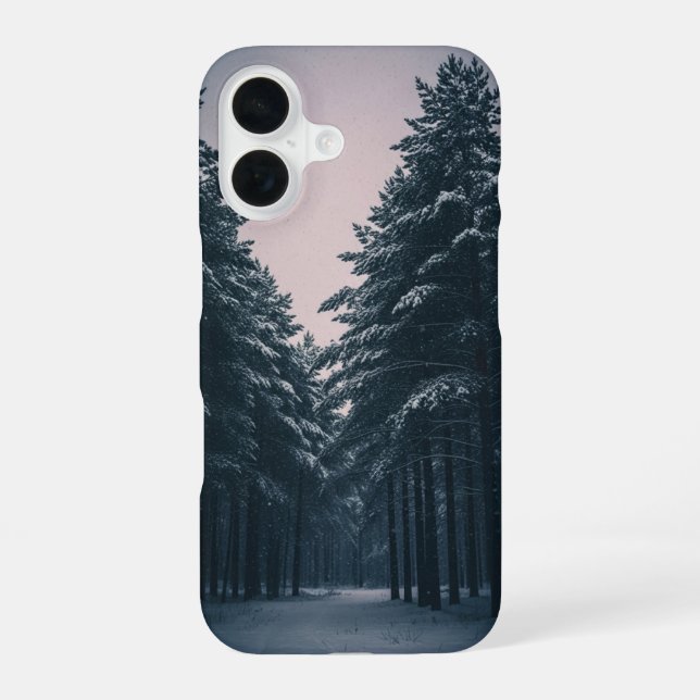 Retro Snowfall in Pine Woods iPhone 16 Case (Back)