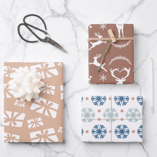 Retro  Snowflakes, Gifts, and Reindeer Pattern  Wrapping Paper Sheet (Front)