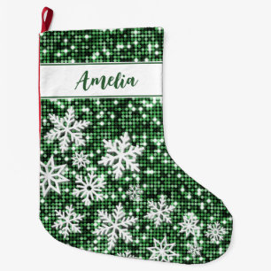 Retro Snowflakes Green Christmas Personalised Large Christmas Stocking