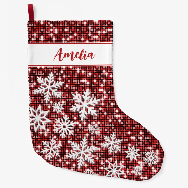 Retro Snowflakes Red Christmas Personalised Large Christmas Stocking (Front)