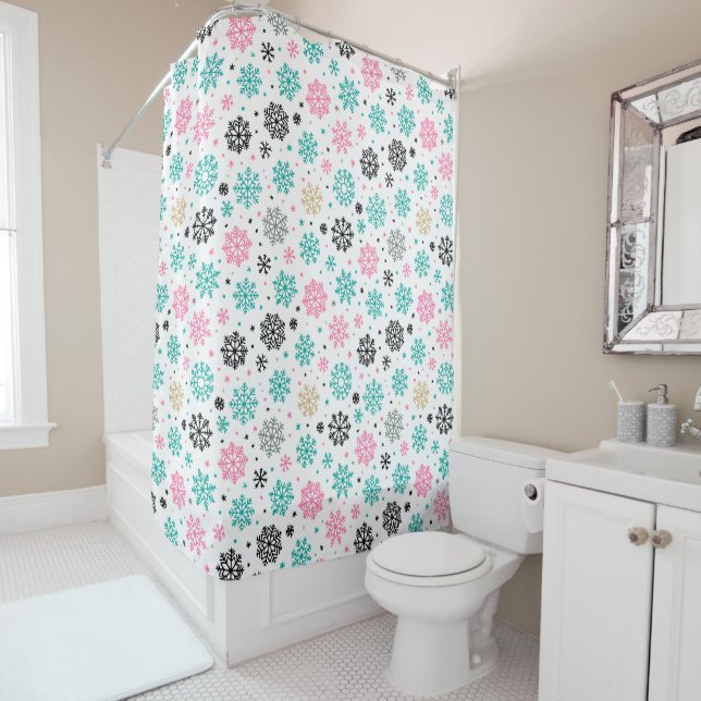 Retro Snowflakes Shower Curtain (In Situ)