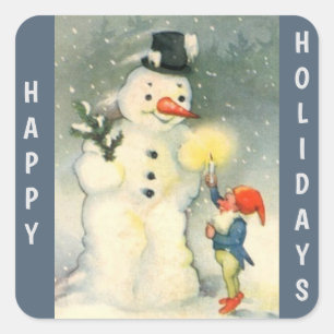 Retro Snowman and Elf Christmas Square Sticker