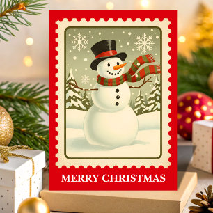 Retro Snowman Christmas Postage Stamp Holiday Card