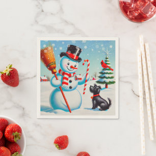 Retro Snowman, Cute Dog, Red Cardinal And Trees Napkin