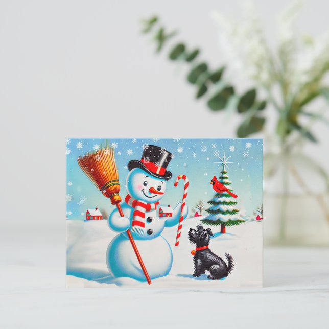 Retro Snowman, Cute Dog, Red Cardinal And Trees Postcard (Standing Front)