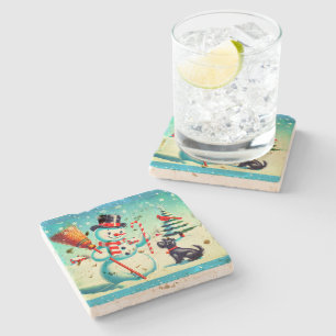Retro Snowman, Cute Dog, Red Cardinal And Trees Stone Coaster