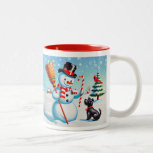 Retro Snowman, Cute Dog, Red Cardinal And Trees Two-Tone Coffee Mug