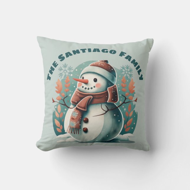 Retro Snowman Merry Christmas Holiday Midcentury Cushion (Front)
