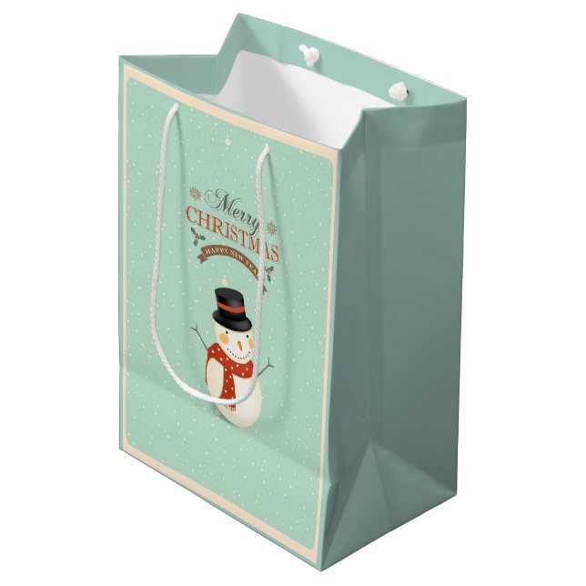 Retro Snowman- Merry Christmas Medium Gift Bag (Front Angled)