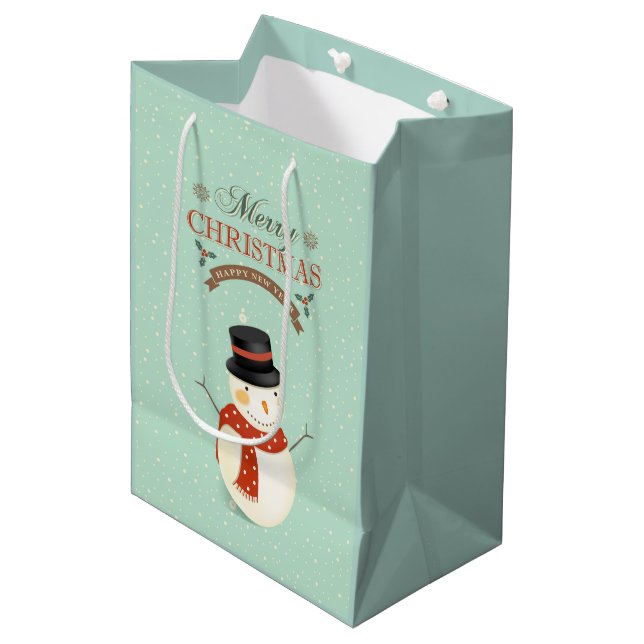 Retro Snowman- Merry Christmas Medium Gift Bag (Front Angled)