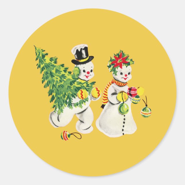 Retro Snowmen Classic Round Sticker (Front)
