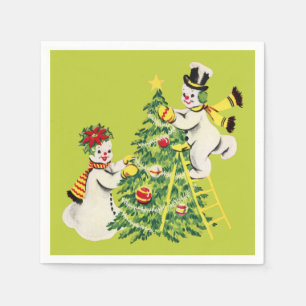 Retro Snowmen Decorate Tree for Christmas Napkin