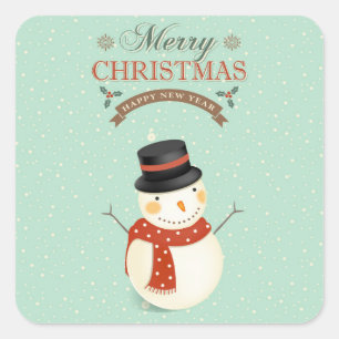 Retro Snowmen Happy New Year Merry Christmas Square Sticker