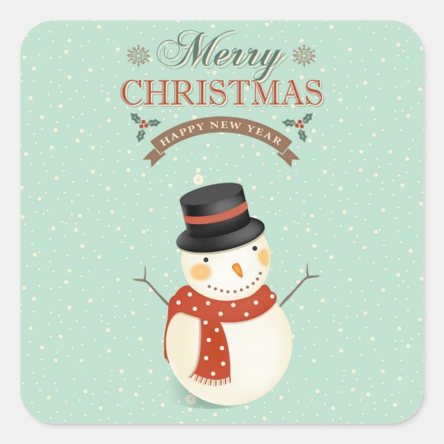 Retro Snowmen Happy New Year Merry Christmas Square Sticker (Front)