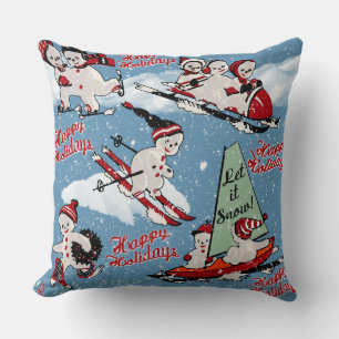 Retro Snowmen Winter Sports on Blue Cushion