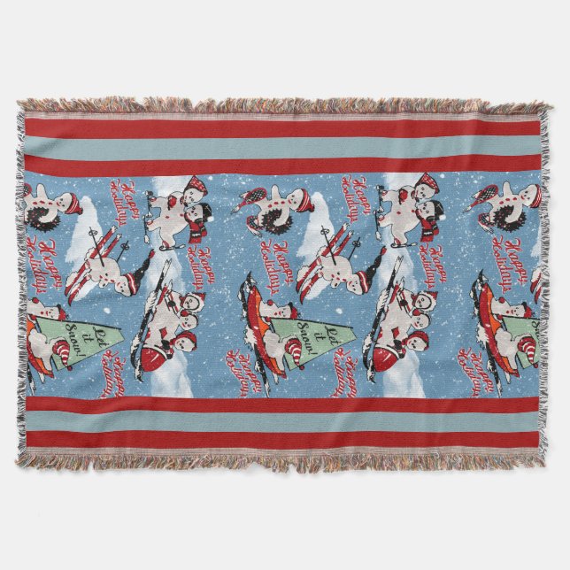 Retro Snowmen Winter Sports on Blue Throw Blanket (Front)