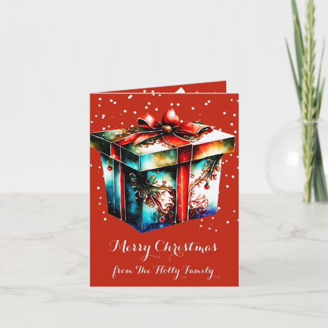 Retro Snowy Christmas Gift, Fancy Ribbons Gift Box Card (Front)