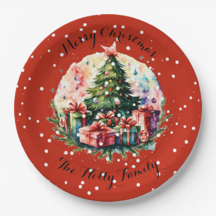 Retro Snowy Christmas Scene, Tree, Gifts, Paper Plate