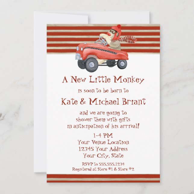 Retro Sock Monkey w Pedal Car Baby Boy Gifts Invitation (Front)
