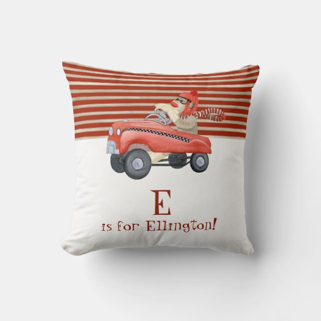 Retro Sock Monkey w Pedal Car Baby Boy Name Cushion (Front)