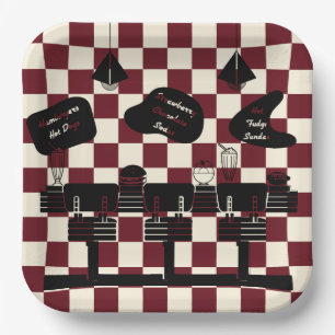 Retro Soda Fountain Shop Red Squares Paper Plate