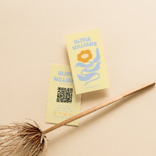 Retro Soft Colorful QR Code Boho Groovy Floral Business Card