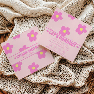 Retro Soft Pink Groovy Floral Trendy Girly Boho Square Business Card