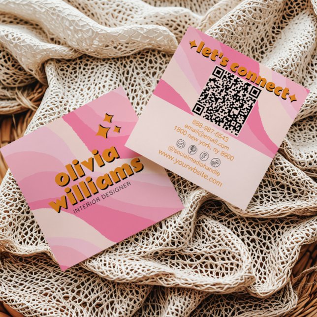 Retro Soft Pink Orange QR Code Groovy Girly Trendy Square Business Card (Creator Uploaded)