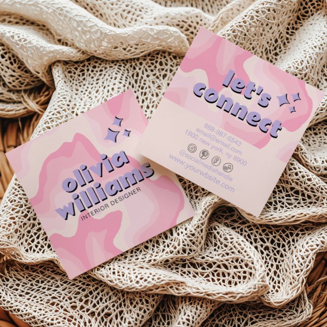 Retro Soft Pink Purple Groovy Girly Trendy Funky  Square Business Card (Creator Uploaded)