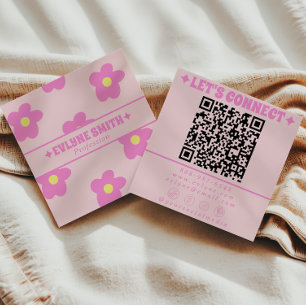 Retro Soft Pink QR Code Groovy Floral Girly Boho Square Business Card