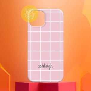 Retro Soft Pink White Plaid White Monogram iPhone 16 Case